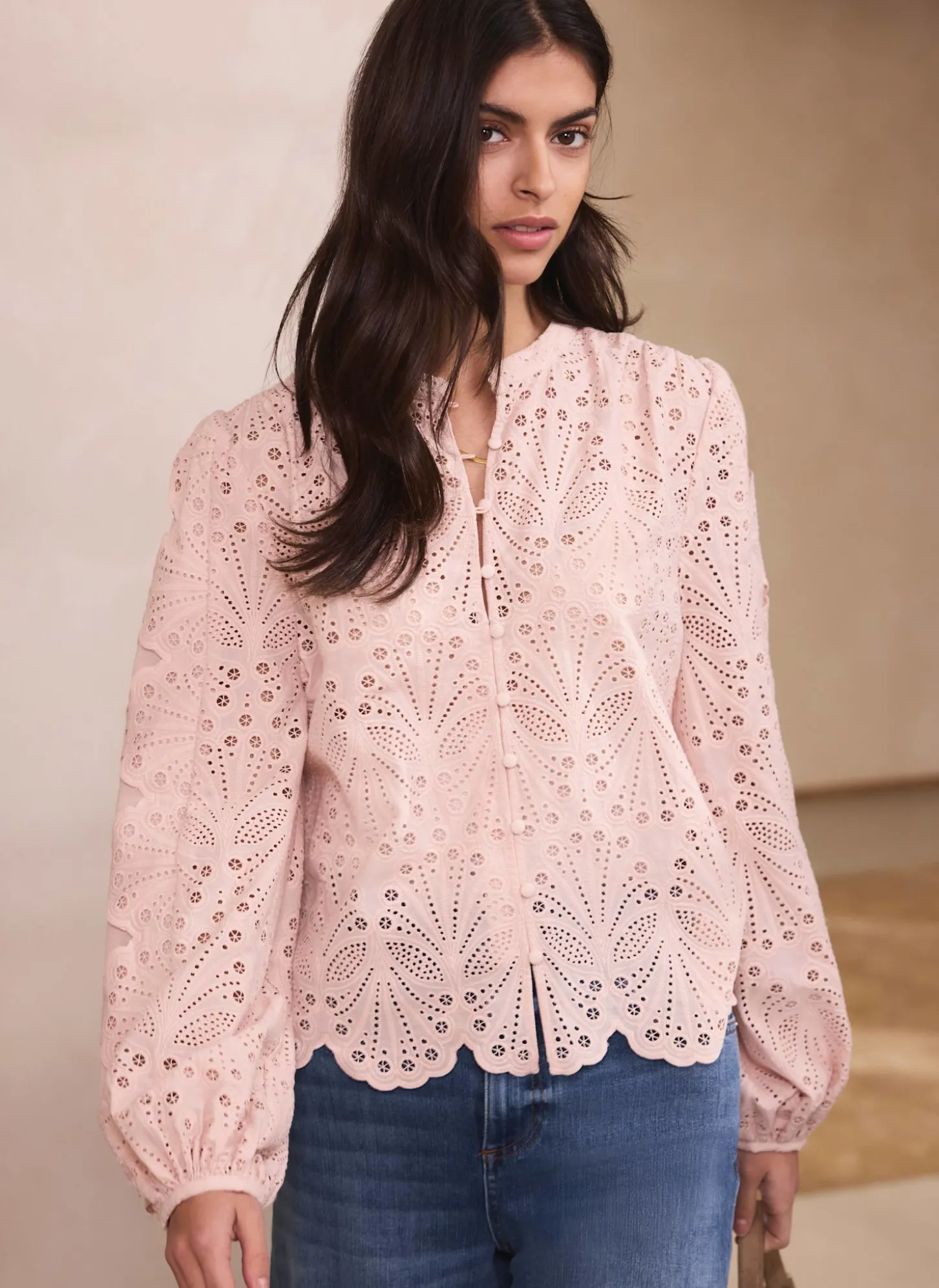 Pink Cotton Broderie Detail Blouse