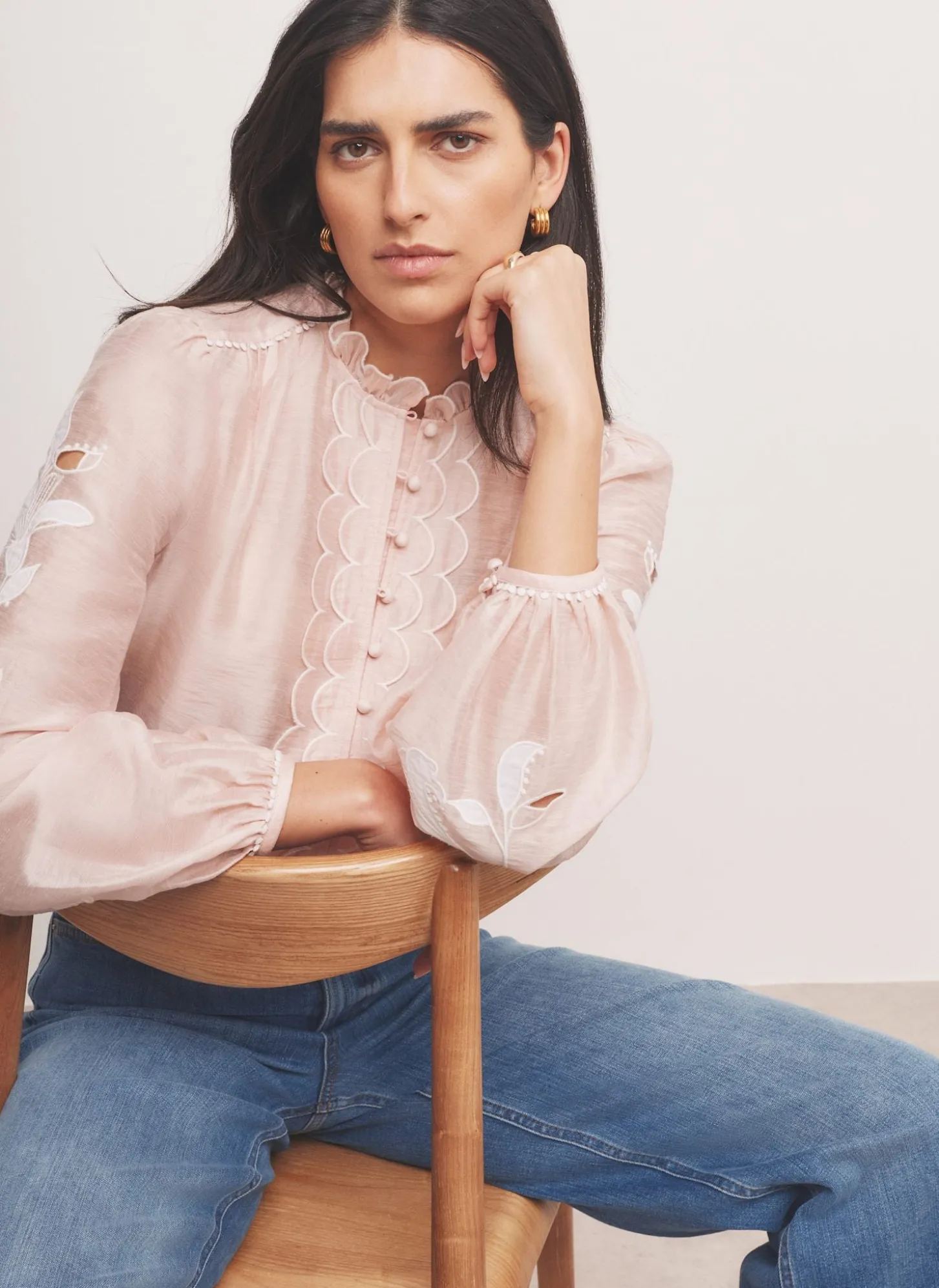 Pink Embroidered Scallop Trim Blouse