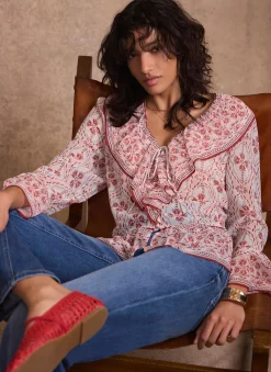 Pink Geo Print Ruffle Blouse