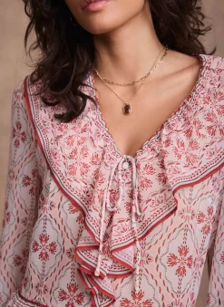 Pink Geo Print Ruffle Blouse