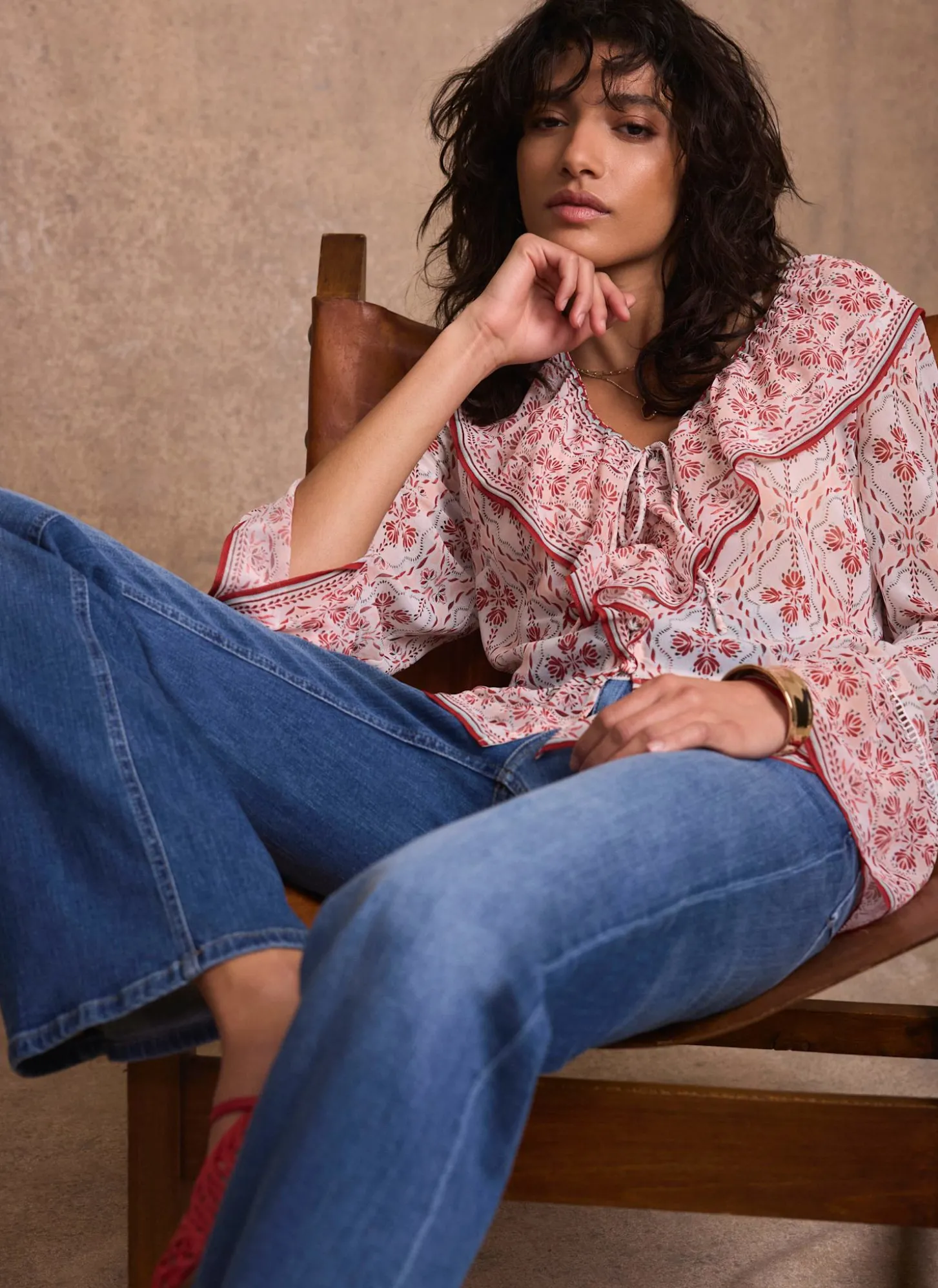 Pink Geo Print Ruffle Blouse