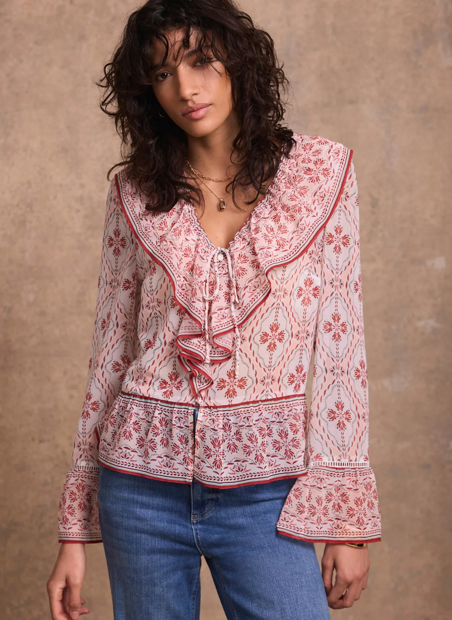 Pink Geo Print Ruffle Blouse