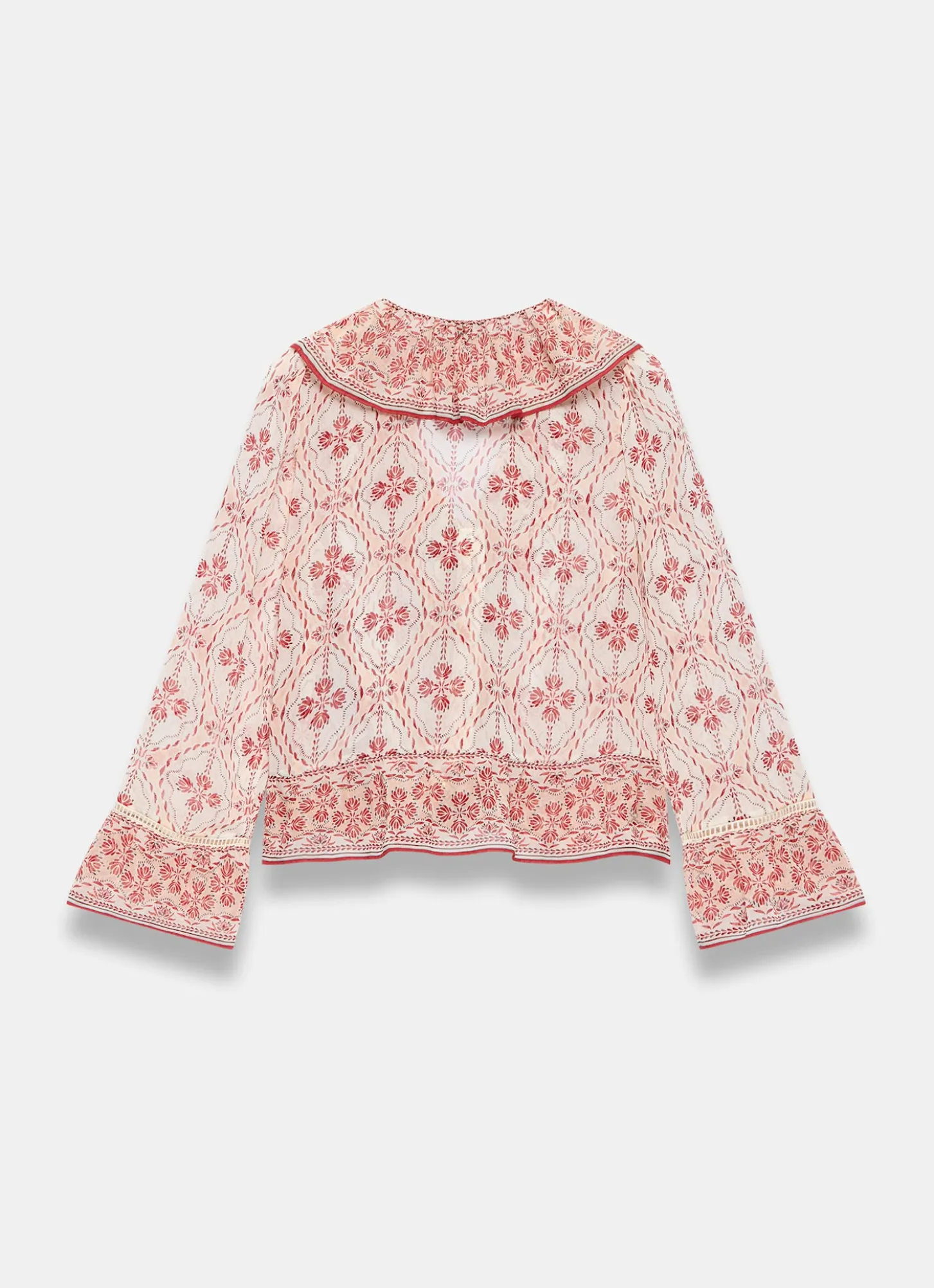 Pink Geo Print Ruffle Blouse