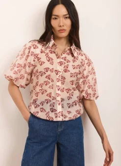 Pink Heart Print Puff Sleeve Shirt