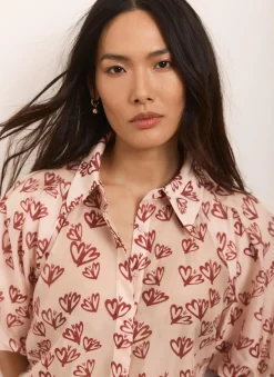 Pink Heart Print Puff Sleeve Shirt
