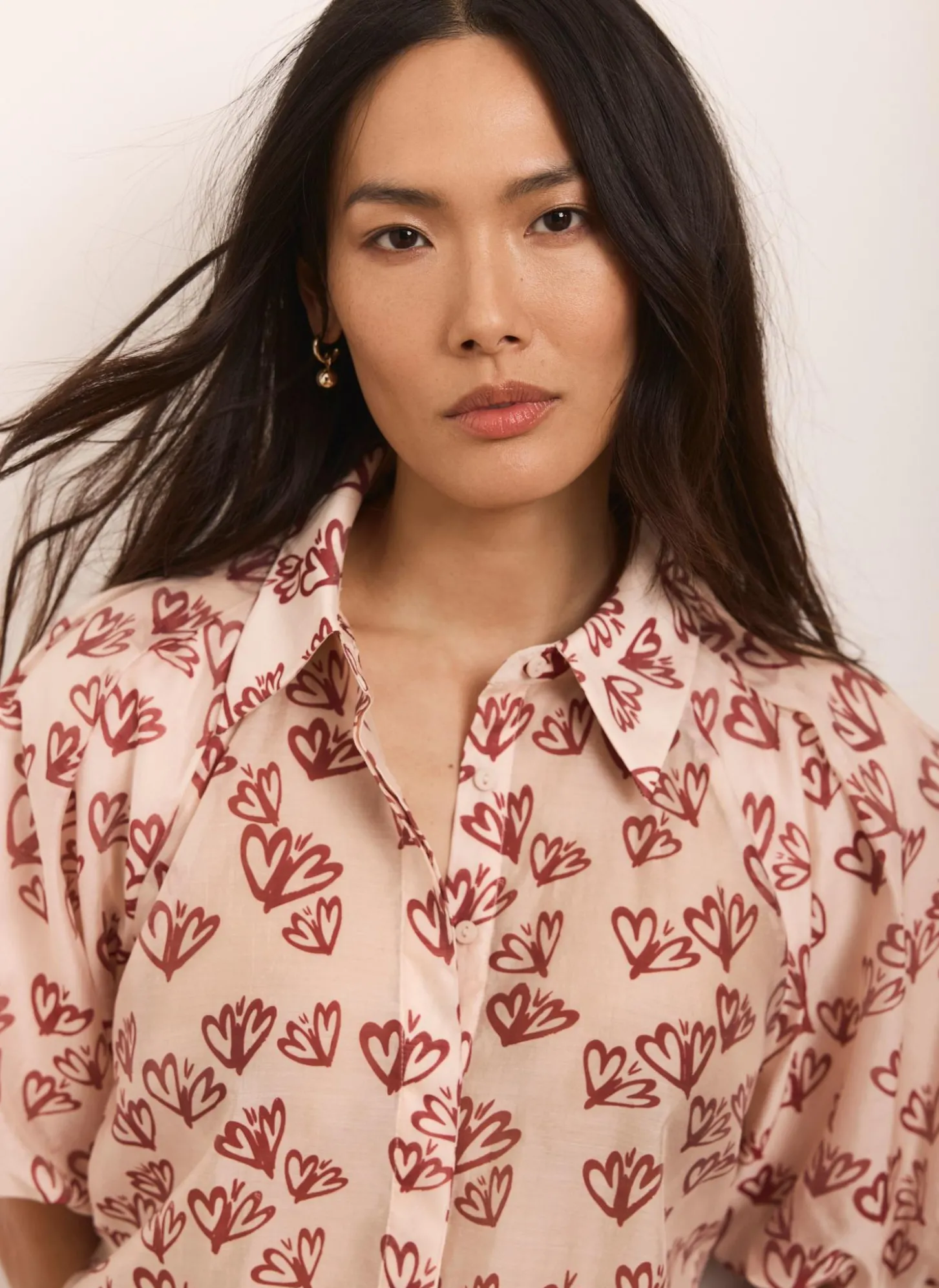 Pink Heart Print Puff Sleeve Shirt