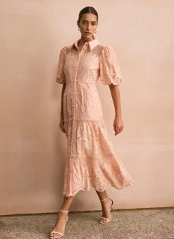 Pink Lace Midi Shirt Dress
