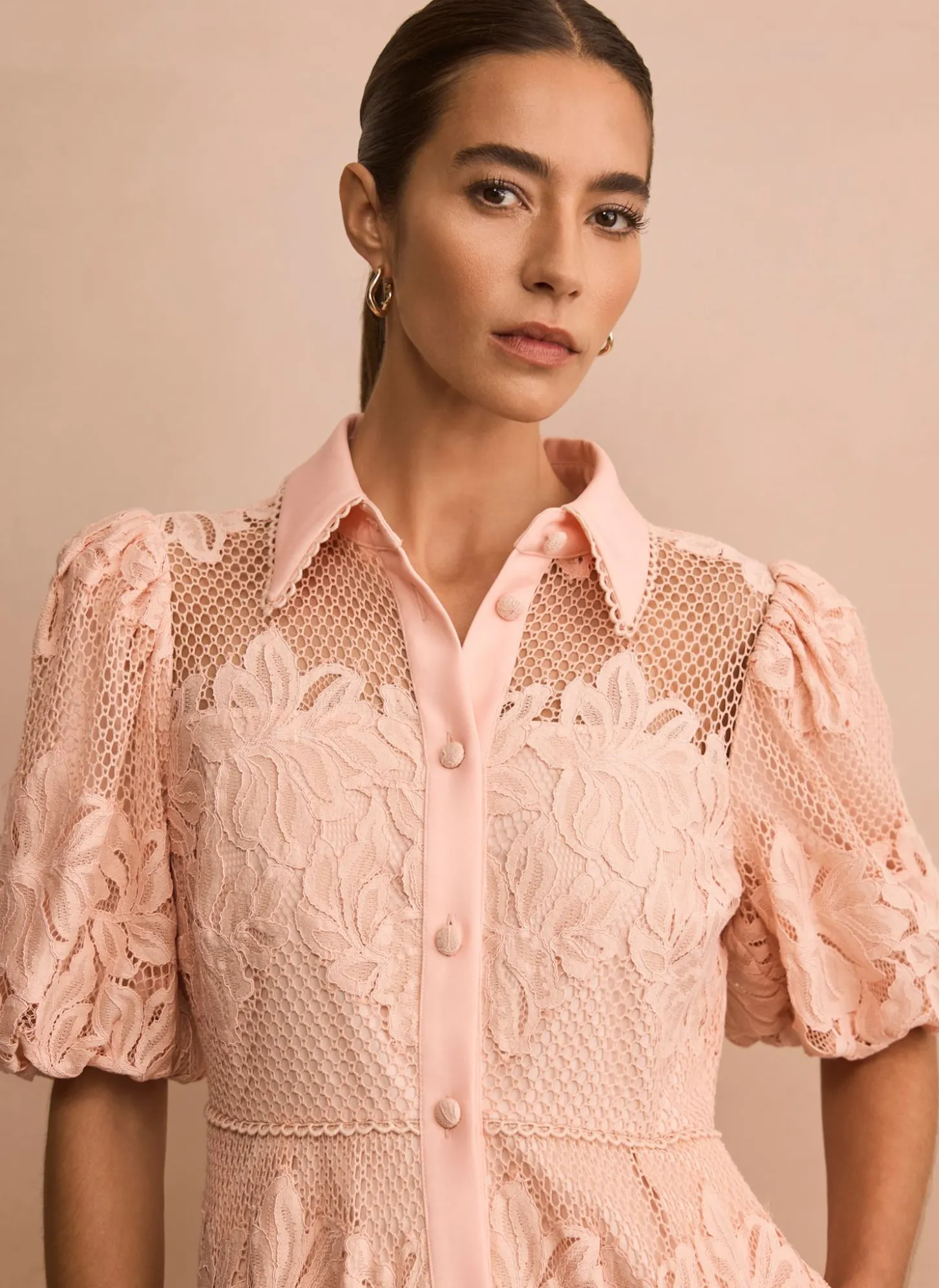 Pink Lace Midi Shirt Dress