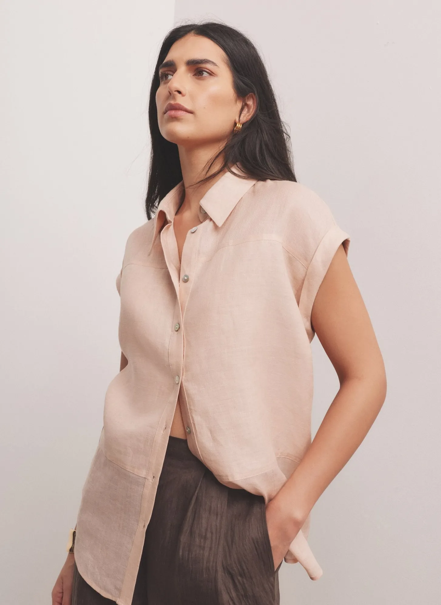 Pink Linen Blend Sheer Panel Shirt
