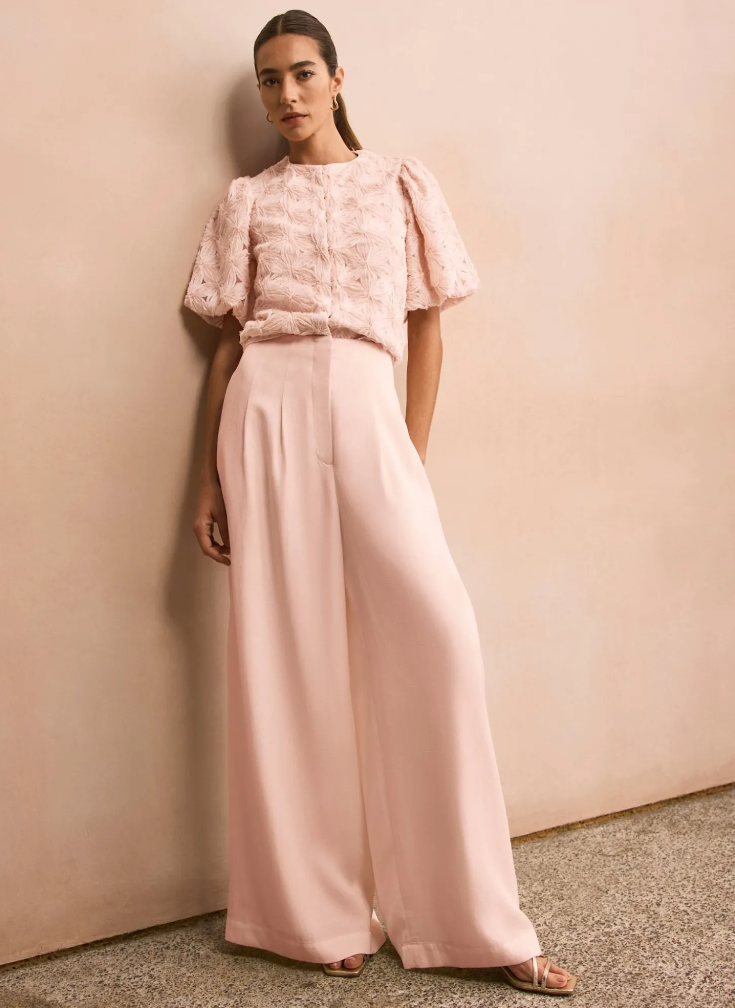 Pink Pleat Detail Wide Leg Trousers