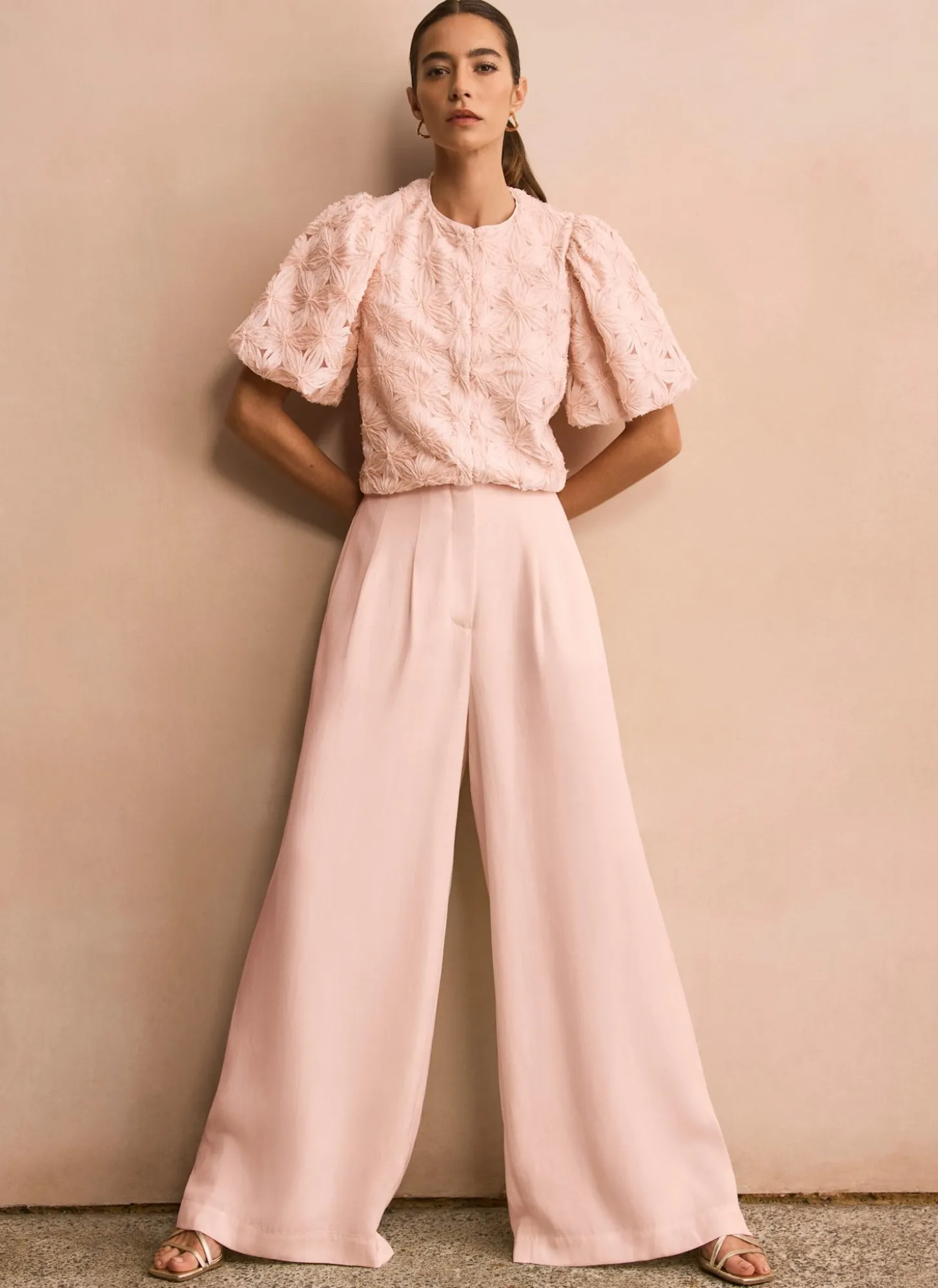 Pink Pleat Detail Wide Leg Trousers