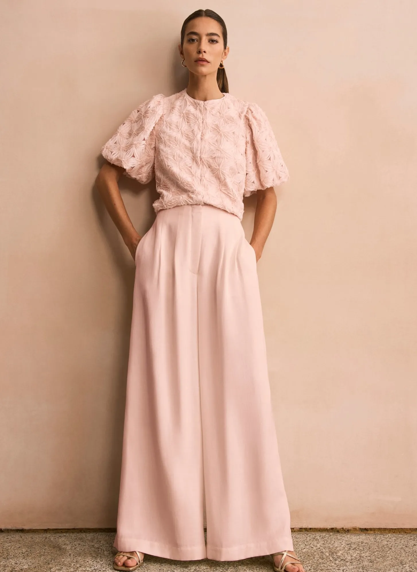 Pink Pleat Detail Wide Leg Trousers