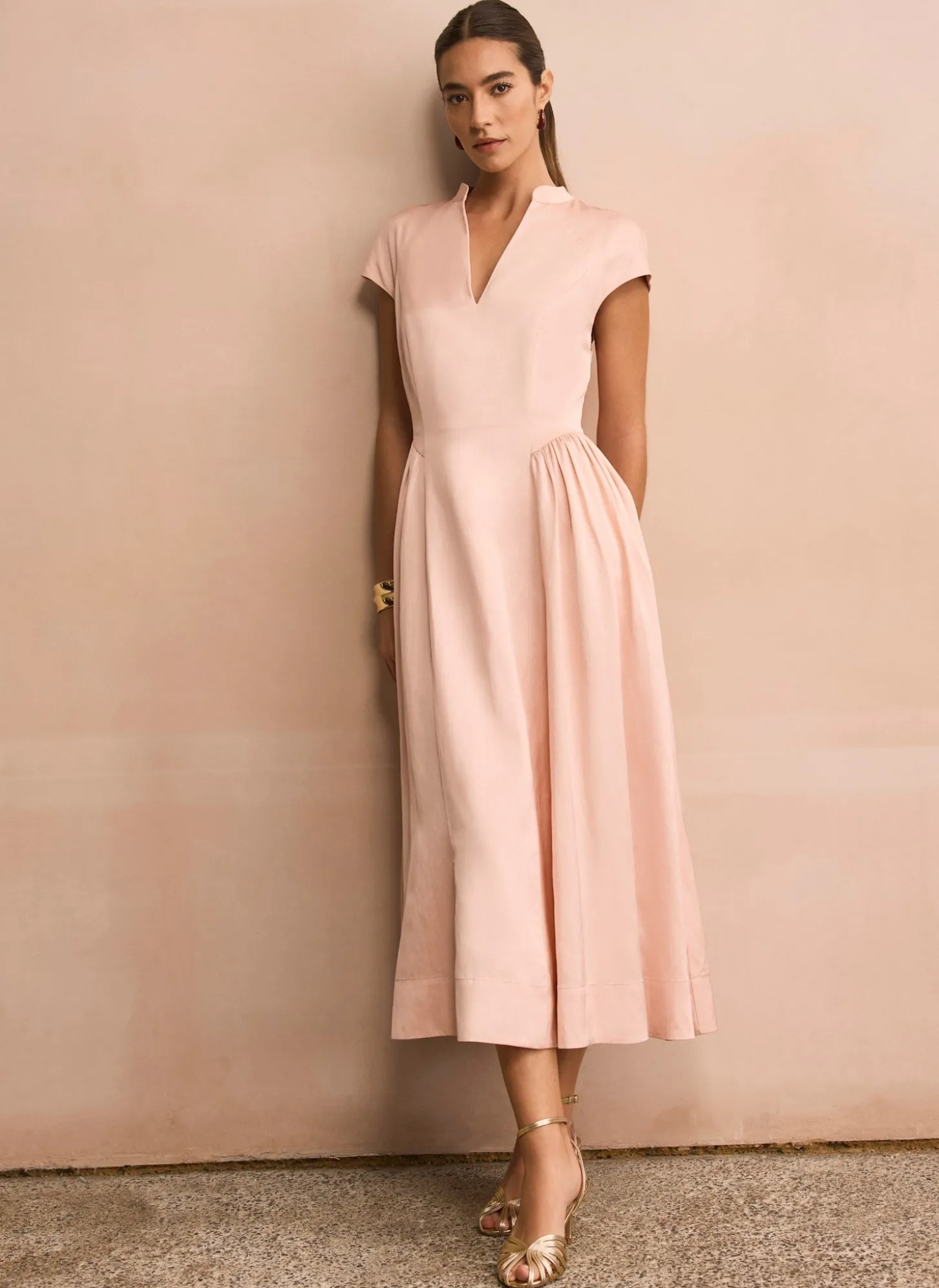 Pink Ruched Detail Midi Dress