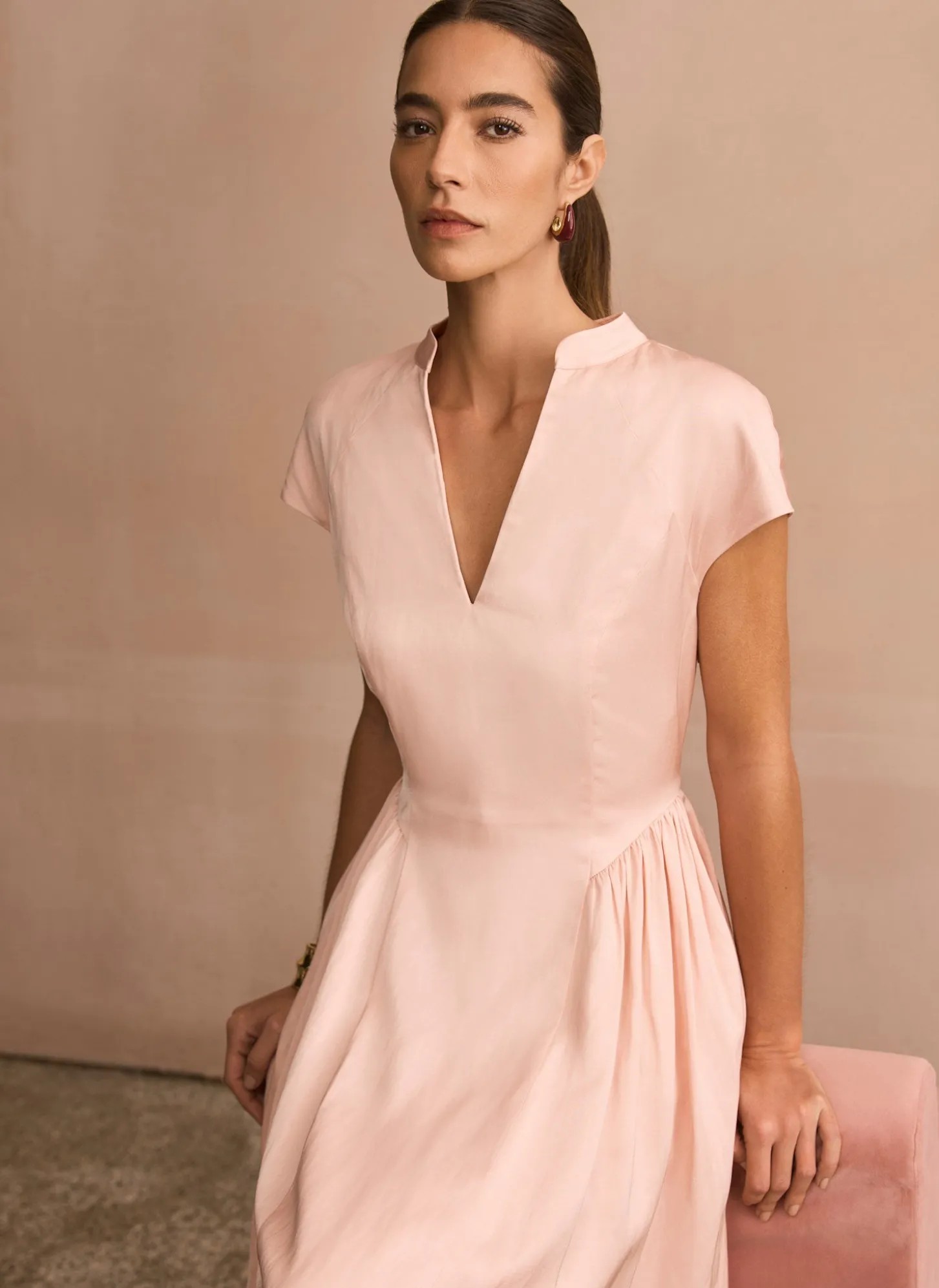 Pink Ruched Detail Midi Dress