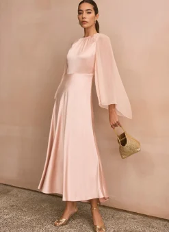 Pink Satin Cape Maxi Dress