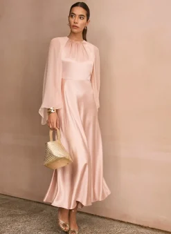 Pink Satin Cape Maxi Dress