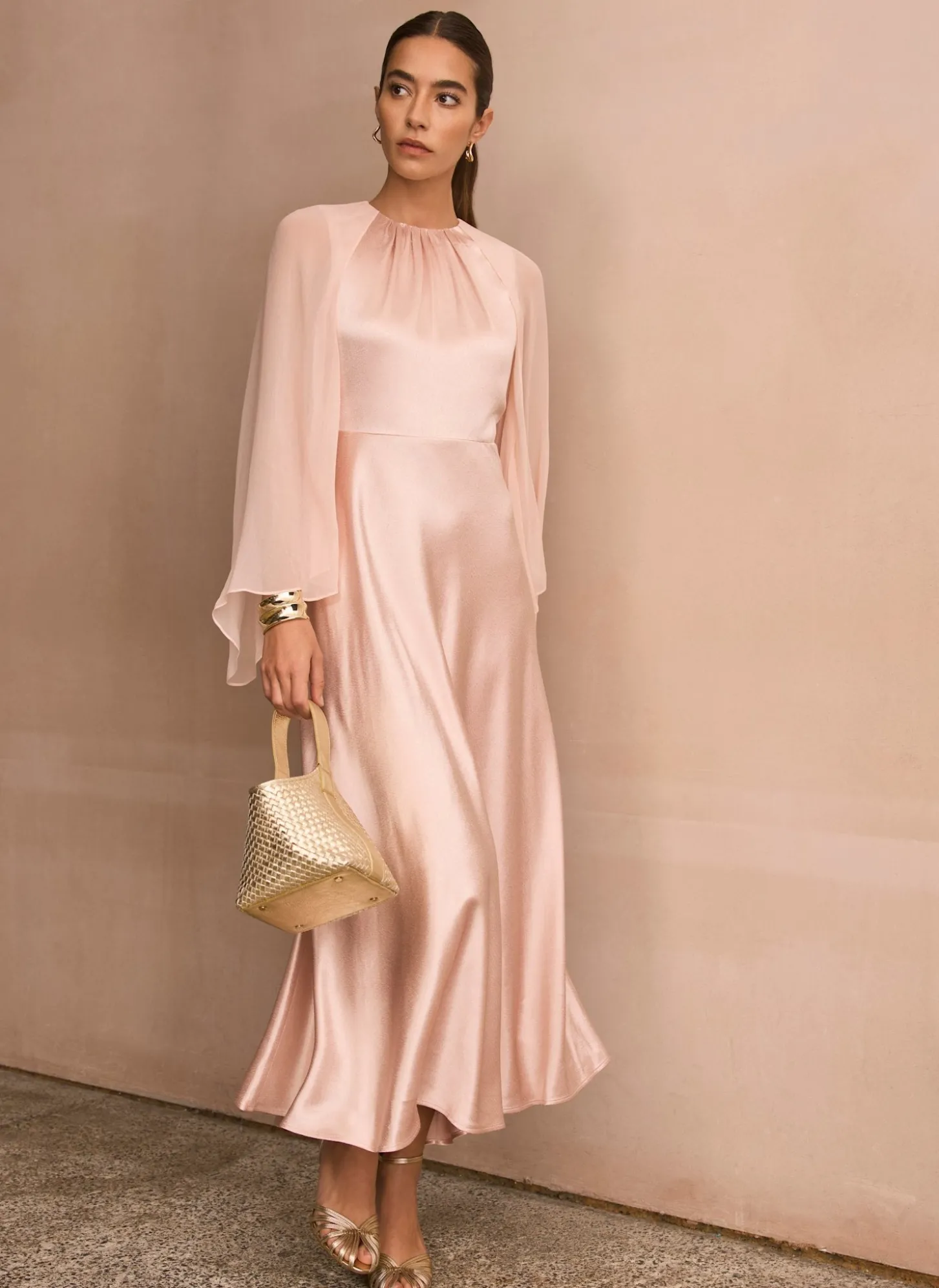 Pink Satin Cape Maxi Dress
