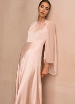 Pink Satin Cape Maxi Dress