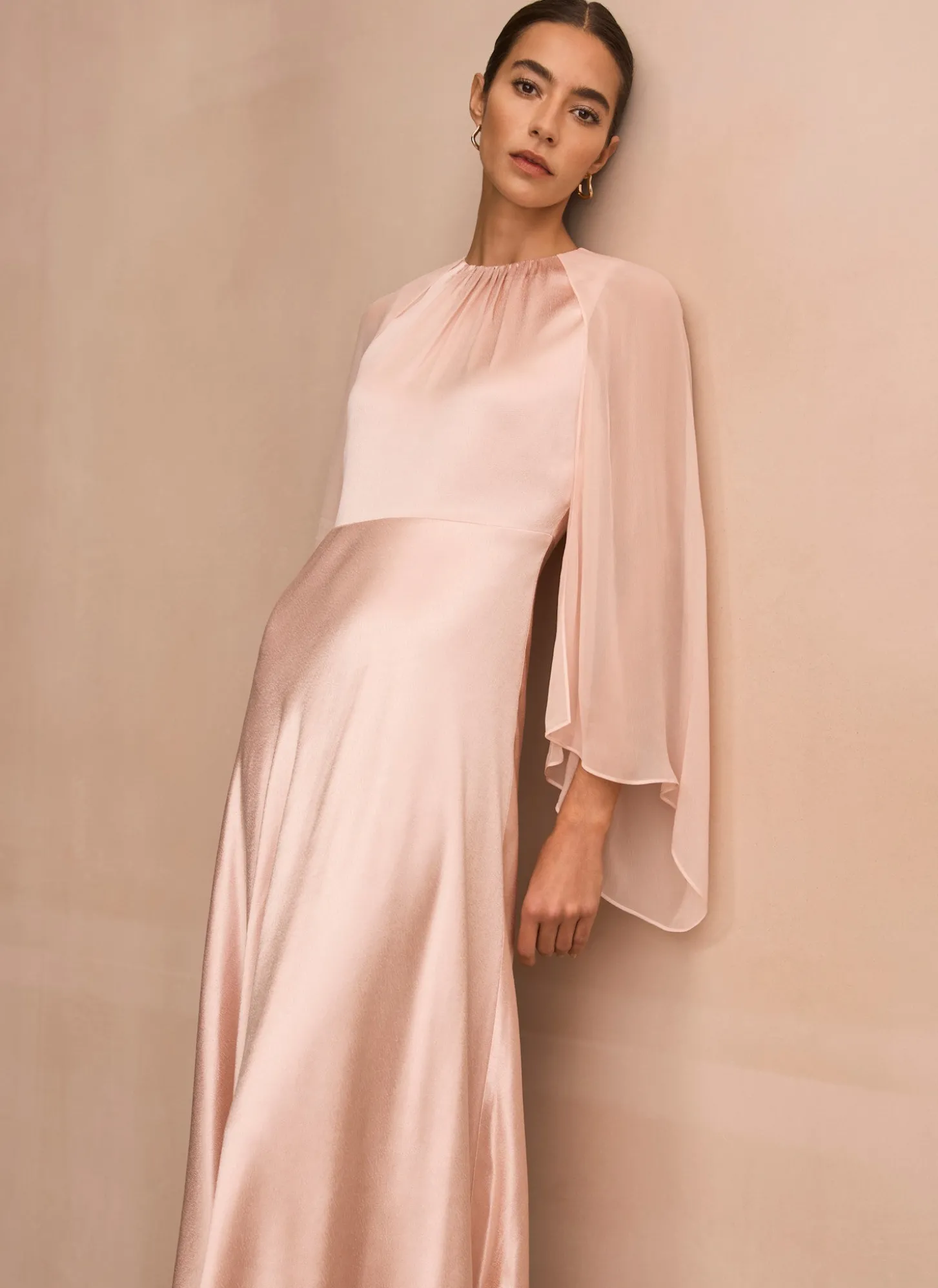 Pink Satin Cape Maxi Dress