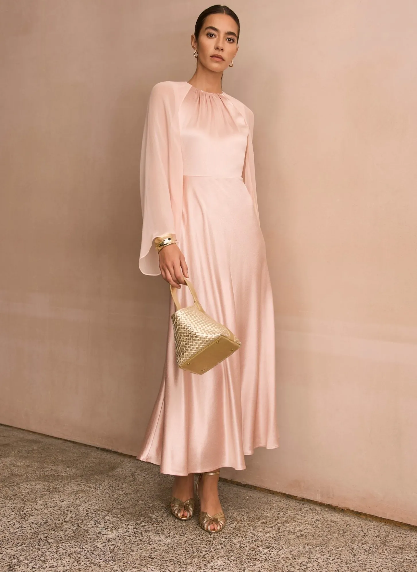 Pink Satin Cape Maxi Dress
