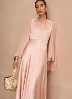 Pink Satin Cape Maxi Dress