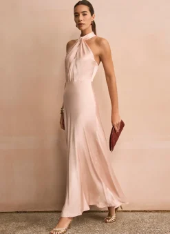 Pink Satin Halter Maxi Dress