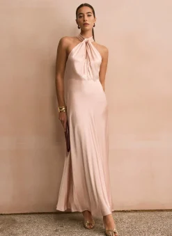 Pink Satin Halter Maxi Dress