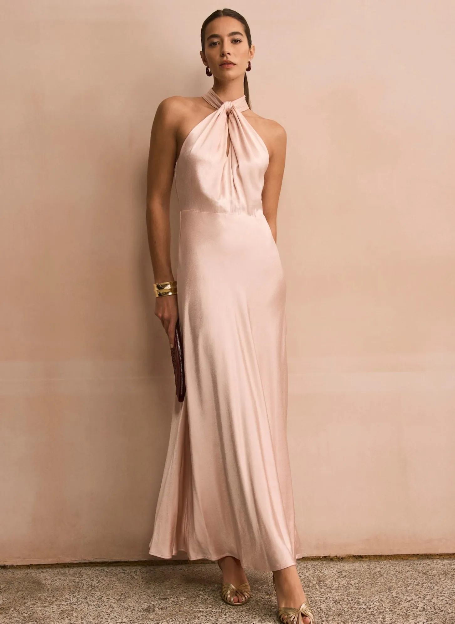 Pink Satin Halter Maxi Dress