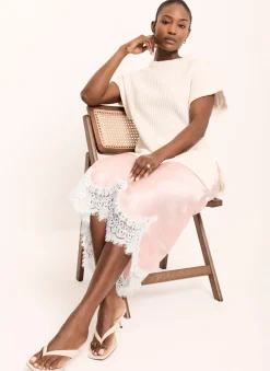 Pink Satin Lace Midi Skirt