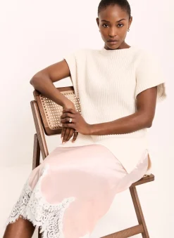 Pink Satin Lace Midi Skirt