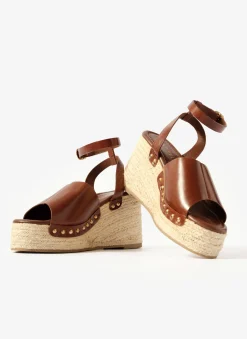 Raya Brown Leather Espadrille Wedges