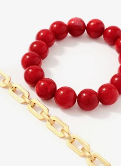 Red Beaded and Chain Layer Bracelet