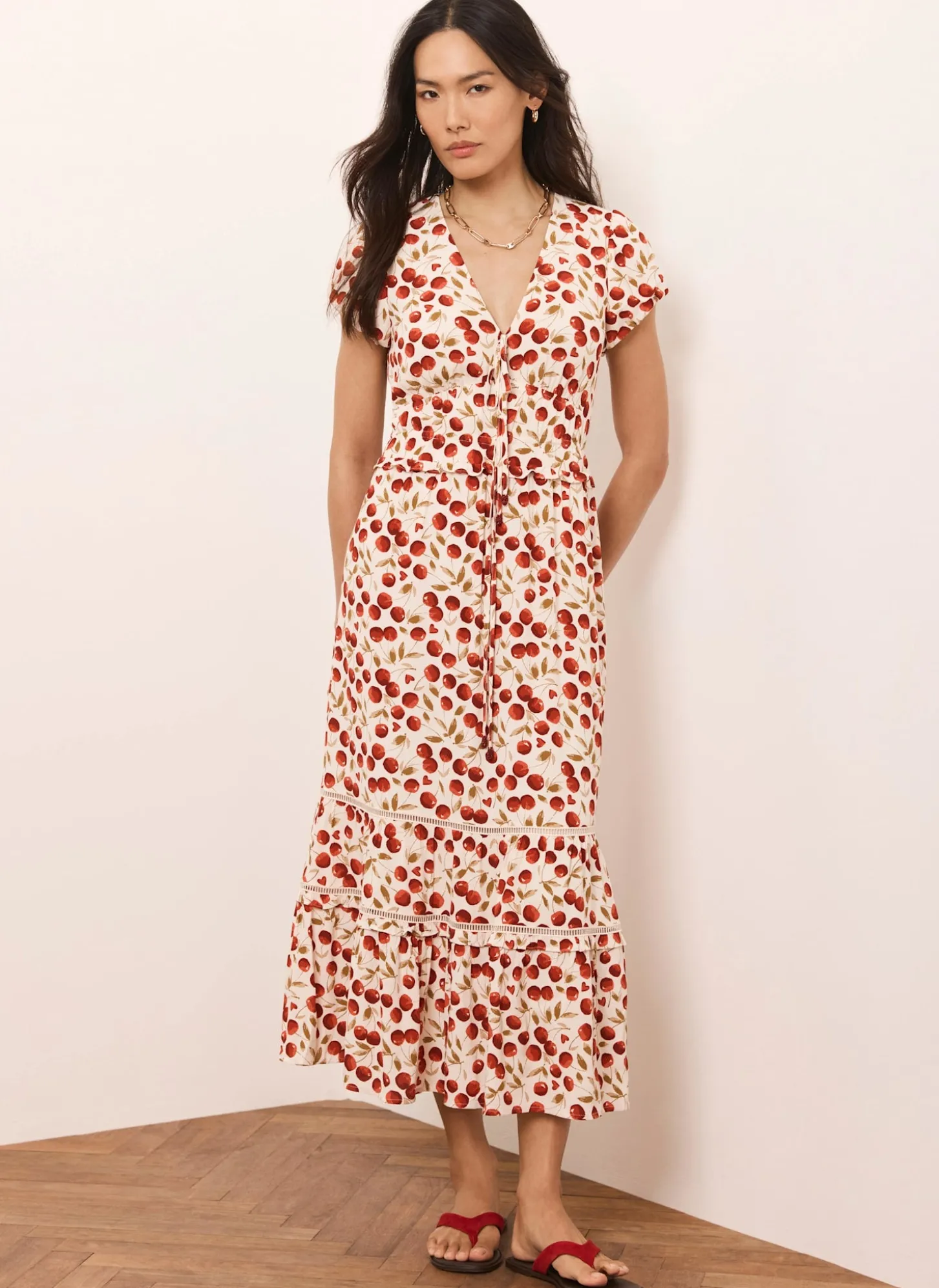 Red Cherry Print Midi Dress