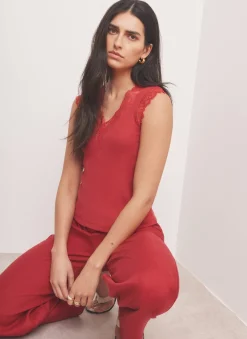 Red Cotton Blend Lace Detail Top