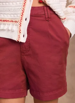 Red Cotton Blend Pleated Chino Shorts