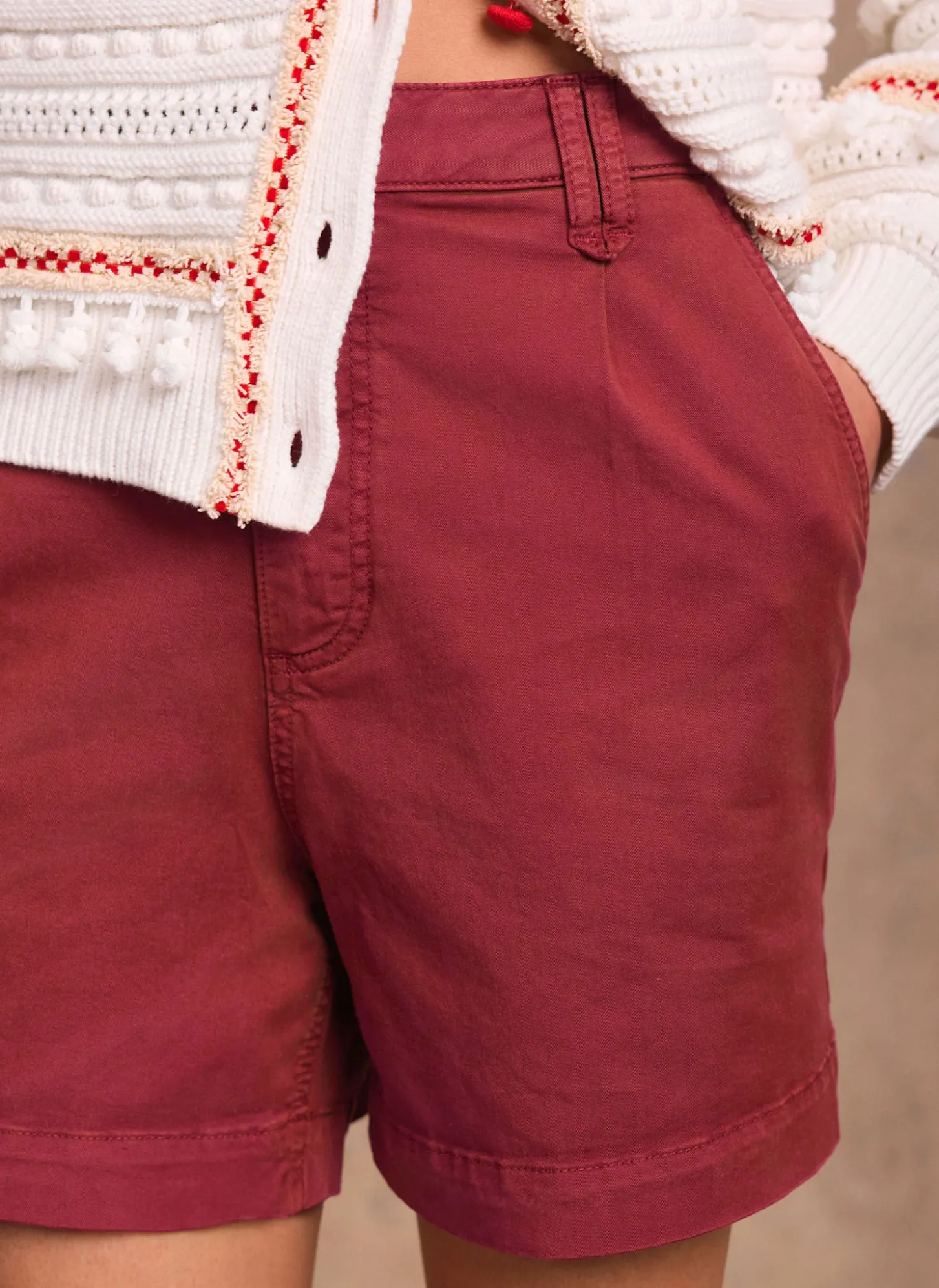 Red Cotton Blend Pleated Chino Shorts