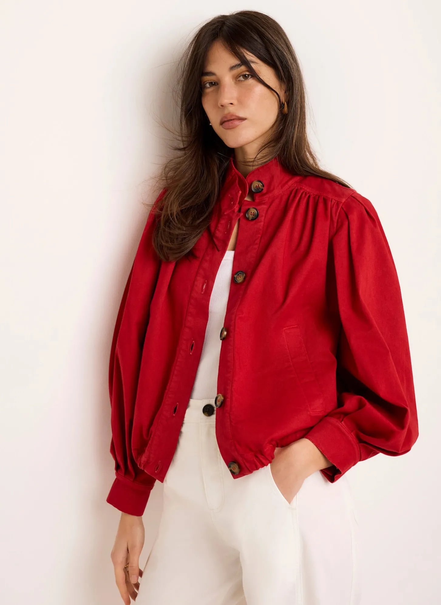 Red Cotton Blend Puff Sleeve Jacket