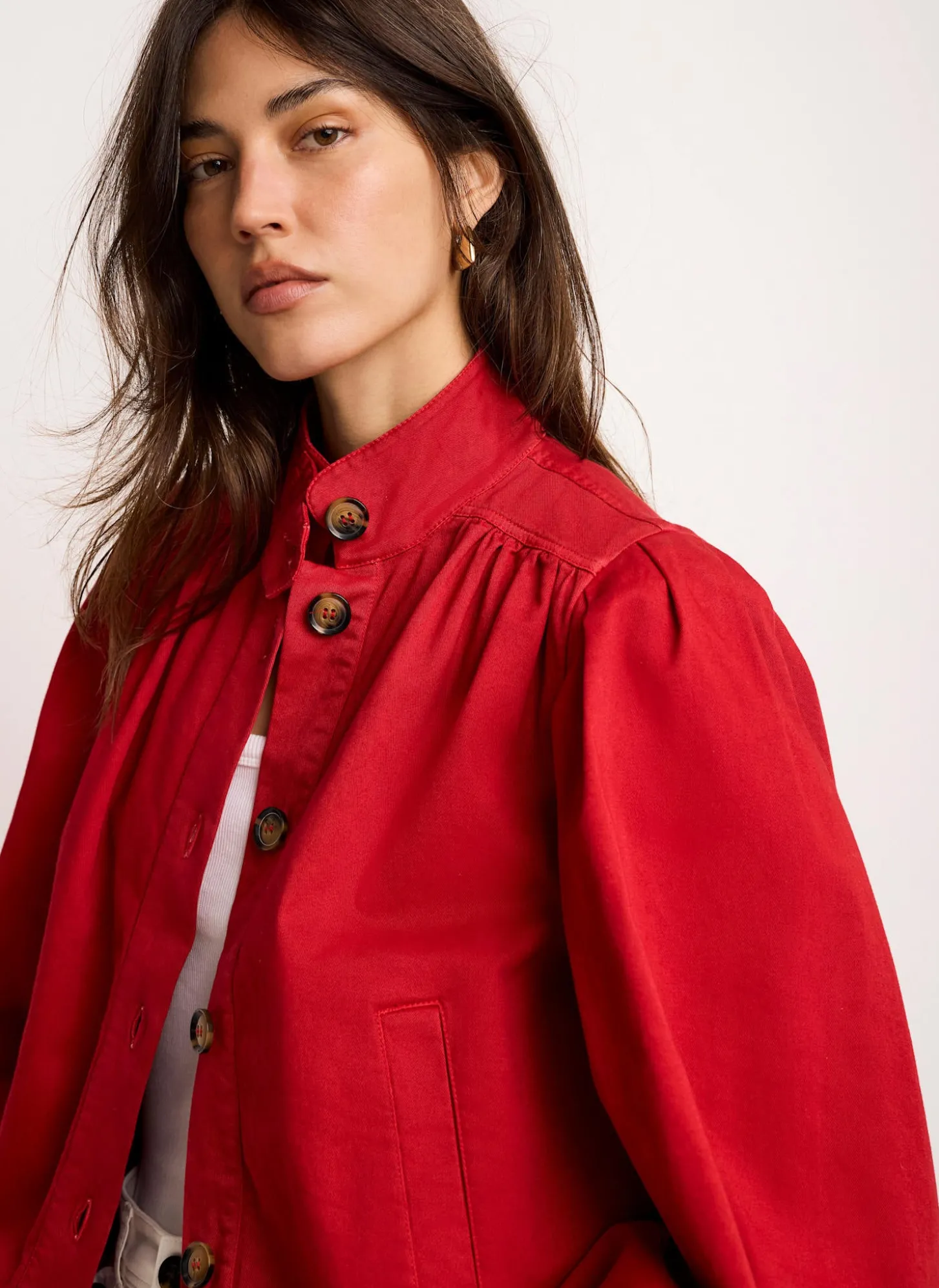 Red Cotton Blend Puff Sleeve Jacket