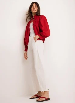 Red Cotton Blend Puff Sleeve Jacket