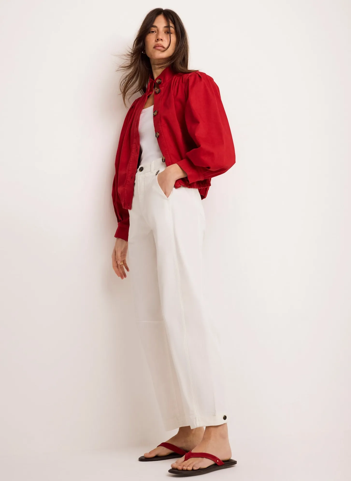 Red Cotton Blend Puff Sleeve Jacket