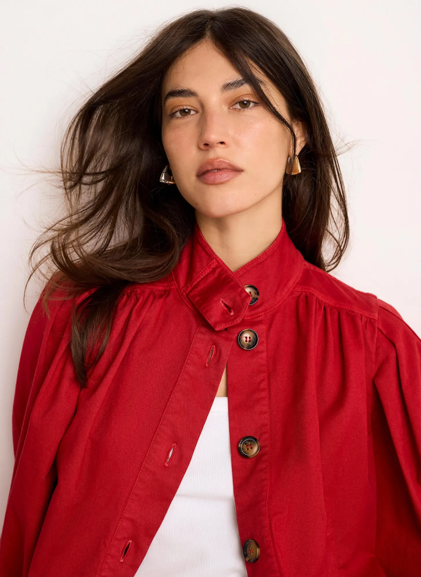 Red Cotton Blend Puff Sleeve Jacket