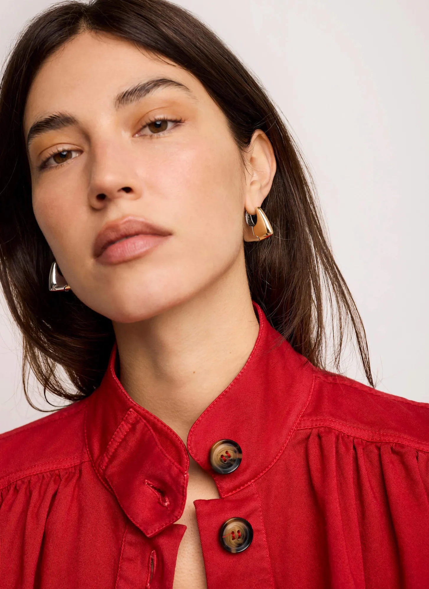 Red Cotton Blend Puff Sleeve Jacket