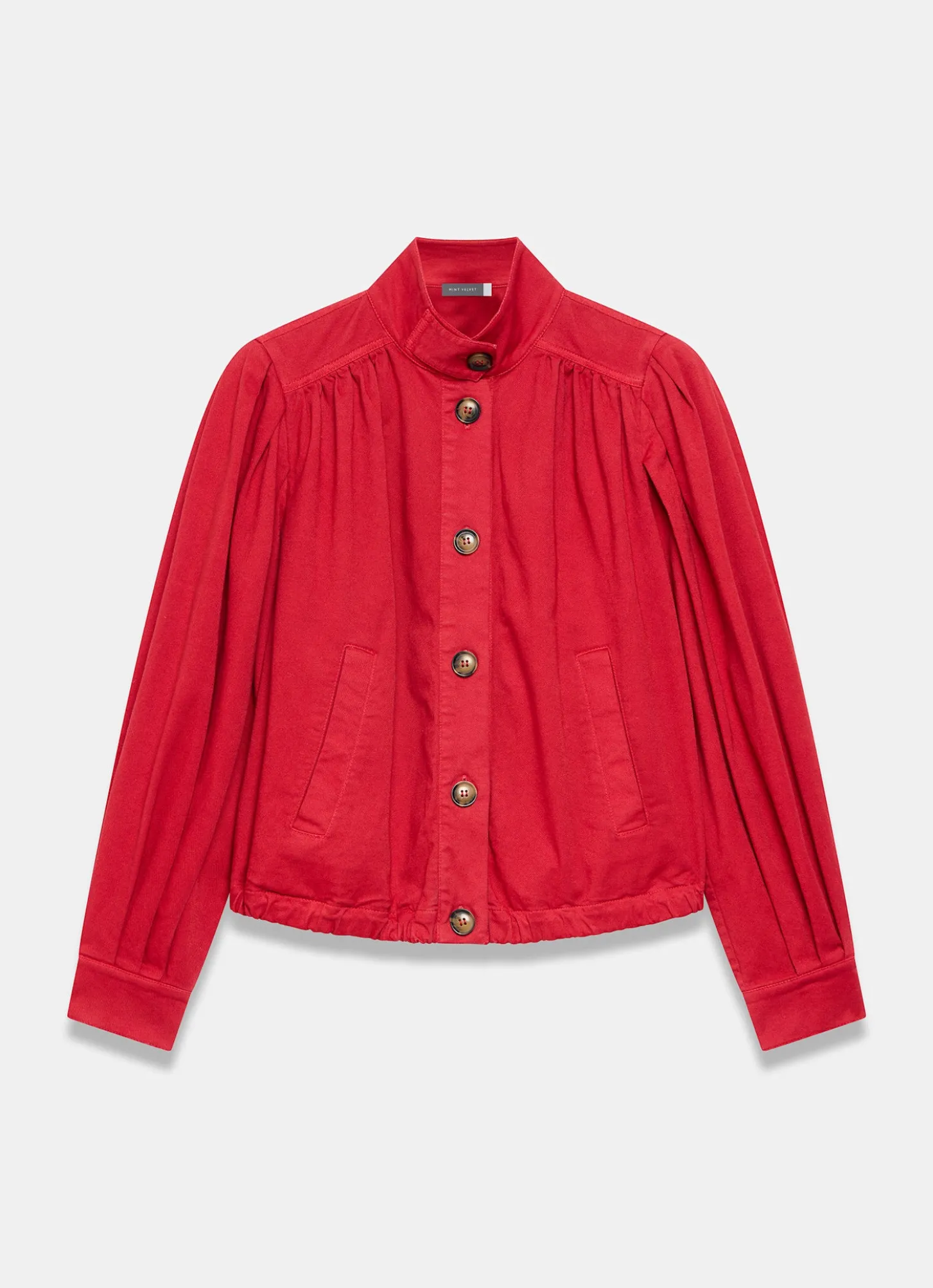Red Cotton Blend Puff Sleeve Jacket