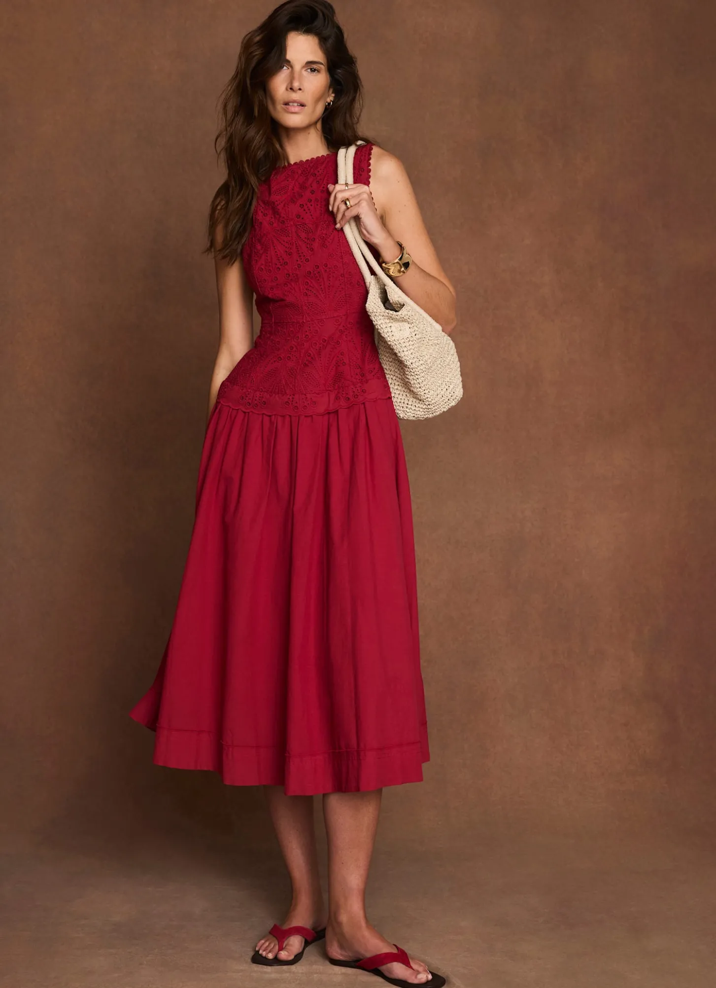 Red Cotton Broderie Midi Dress