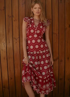 Red Cotton Broderie Midi Dress