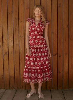 Red Cotton Broderie Midi Dress