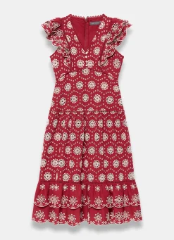 Red Cotton Broderie Midi Dress