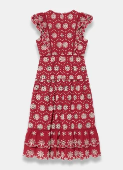 Red Cotton Broderie Midi Dress