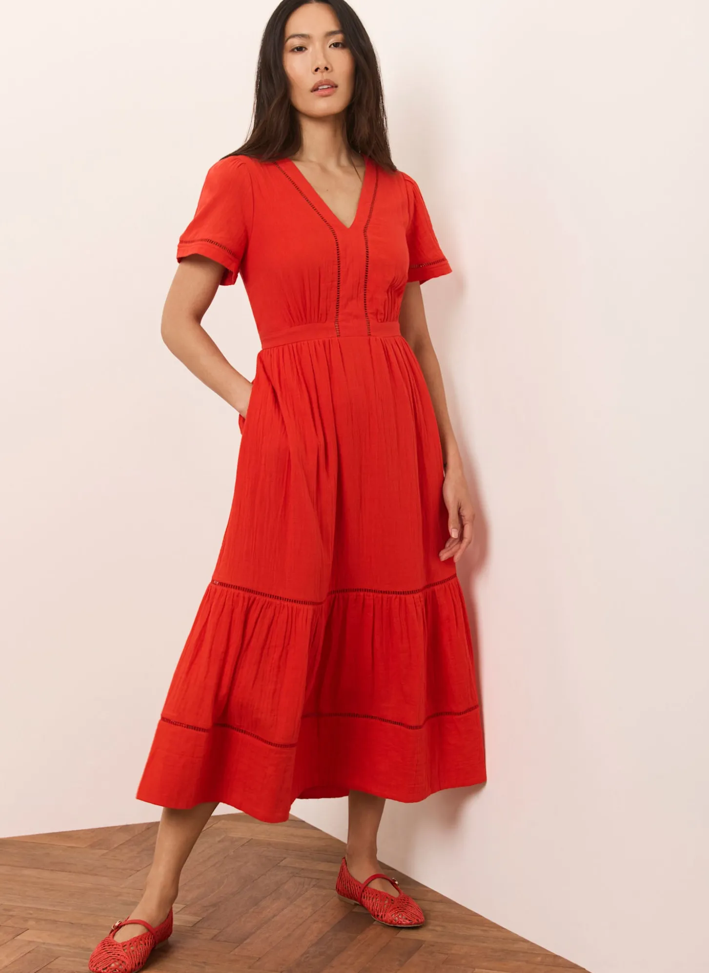 Red Cotton Cheesecloth Midi Dress