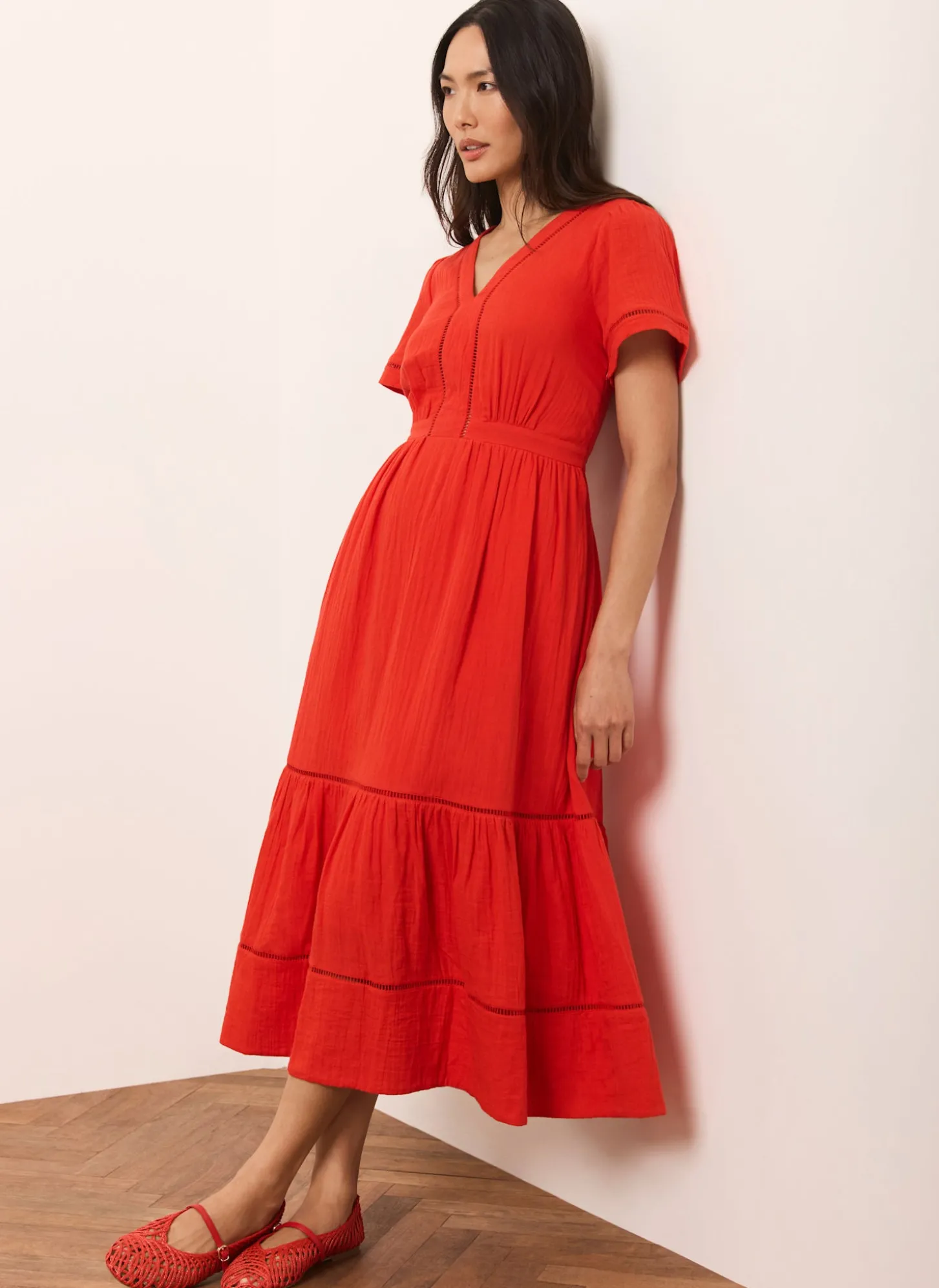Red Cotton Cheesecloth Midi Dress